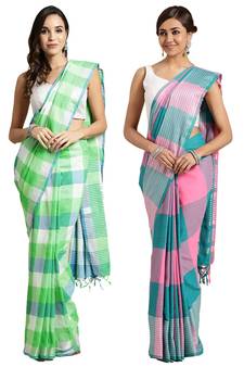 Multicolor woven blended cotton saree with blouse