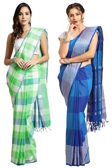 Multicolor woven blended cotton saree with blouse
