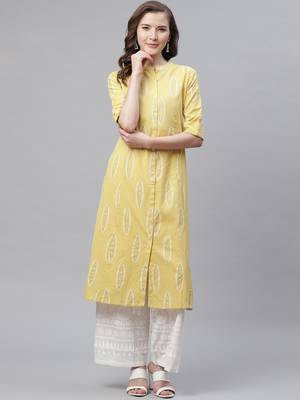 Yellow printed cotton ethnic-kurtis 1
