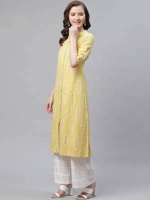 Yellow printed cotton ethnic-kurtis 2