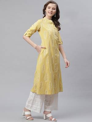 Yellow printed cotton ethnic-kurtis 3