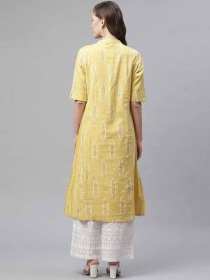 Yellow printed cotton ethnic-kurtis 4