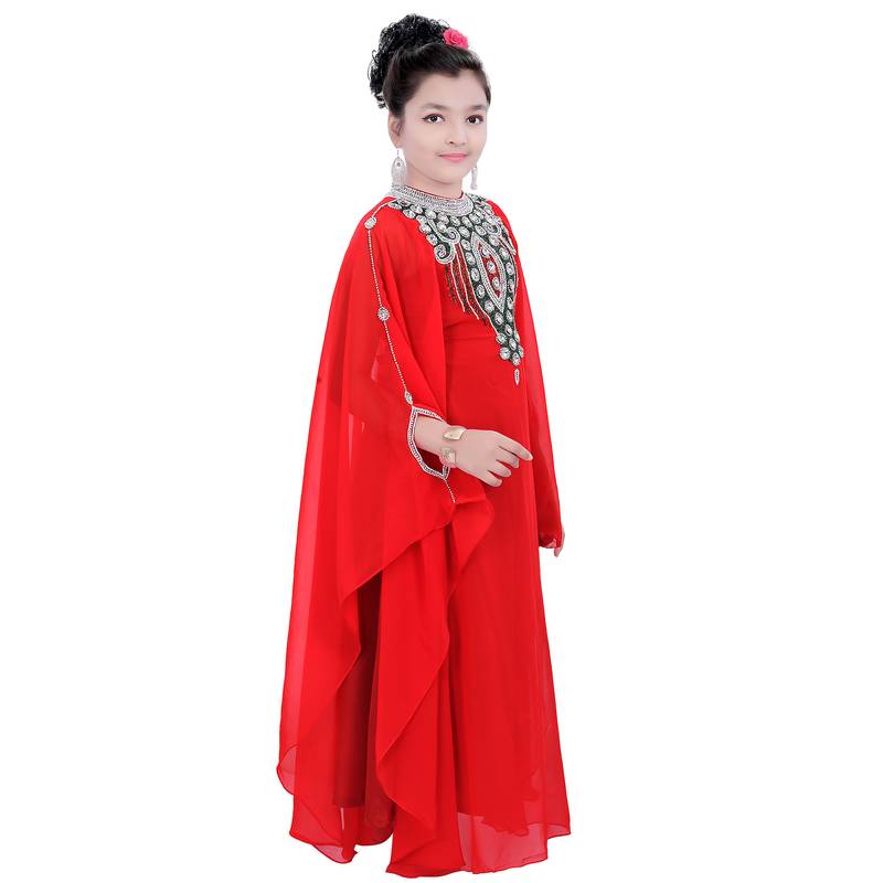 Red Georgette Embroidered Zari Work Kids Kaftans