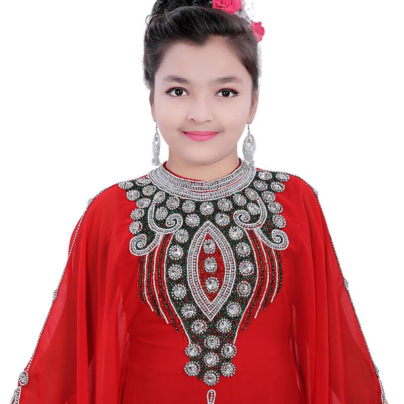 Red Georgette Embroidered Zari Work Kids Kaftans