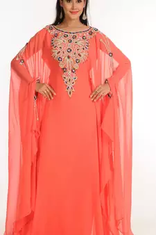 Peach Zari Work Stones & Beads Embellish Georgette  Islamic Style Arabian Maxi Partywear Kaftan