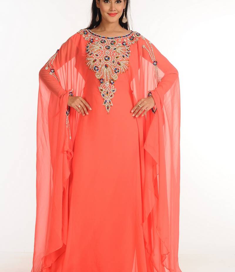 Peach Zari Work Stones & Beads Embellish Georgette  Islamic Style Arabian Maxi Partywear Kaftan