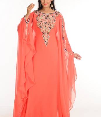 Peach Zari Work Stones & Beads Embellish Georgette  Islamic Style Arabian Maxi Partywear Kaftan 3
