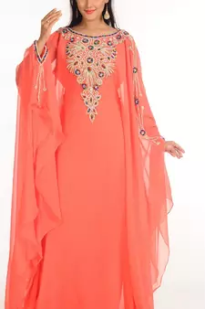 Peach Zari Work Stones & Beads Embellish Georgette  Islamic Style Arabian Maxi Partywear Kaftan