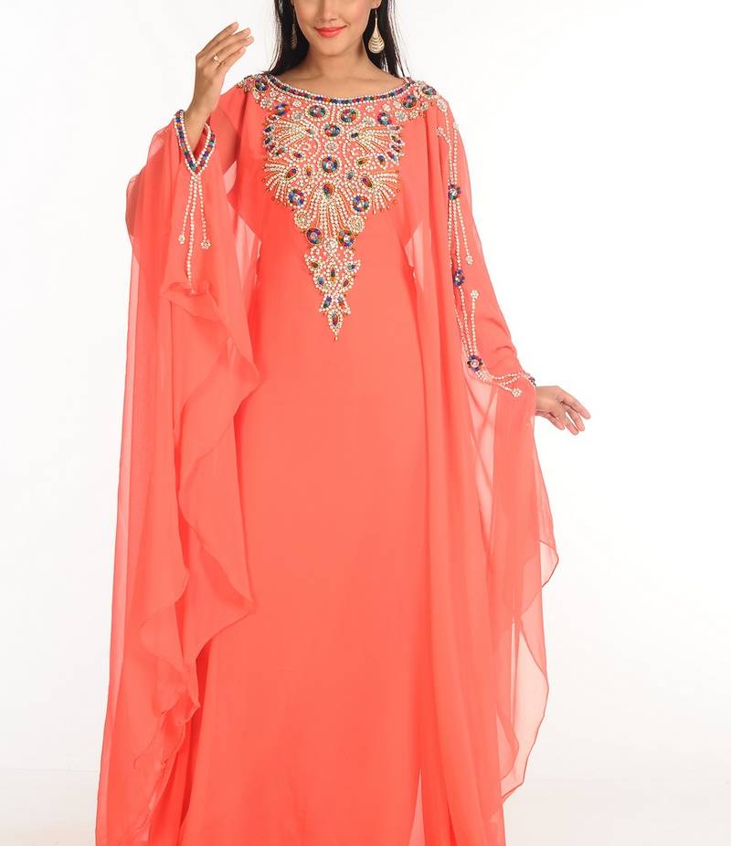 Peach Zari Work Stones & Beads Embellish Georgette  Islamic Style Arabian Maxi Partywear Kaftan