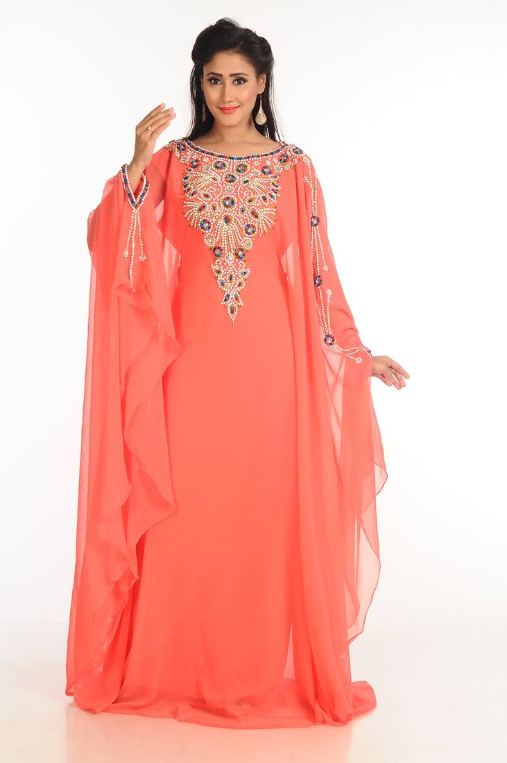Peach Zari Work Stones & Beads Embellish Georgette  Islamic Style Arabian Maxi Partywear Kaftan