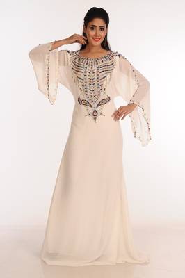 Off White Zari Work Stones & Beads Embellish Georgette  Islamic Style Arabian Maxi Partywear Kaftan 2