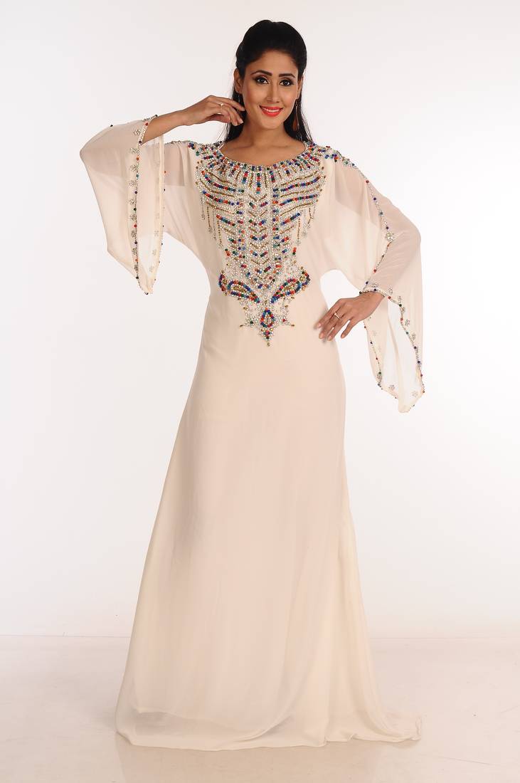 Off White Zari Work Stones & Beads Embellish Georgette  Islamic Style Arabian Maxi Partywear Kaftan