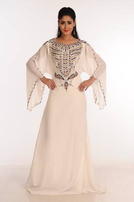 Off White Zari Work Stones & Beads Embellish Georgette  Islamic Style Arabian Maxi Partywear Kaftan 3