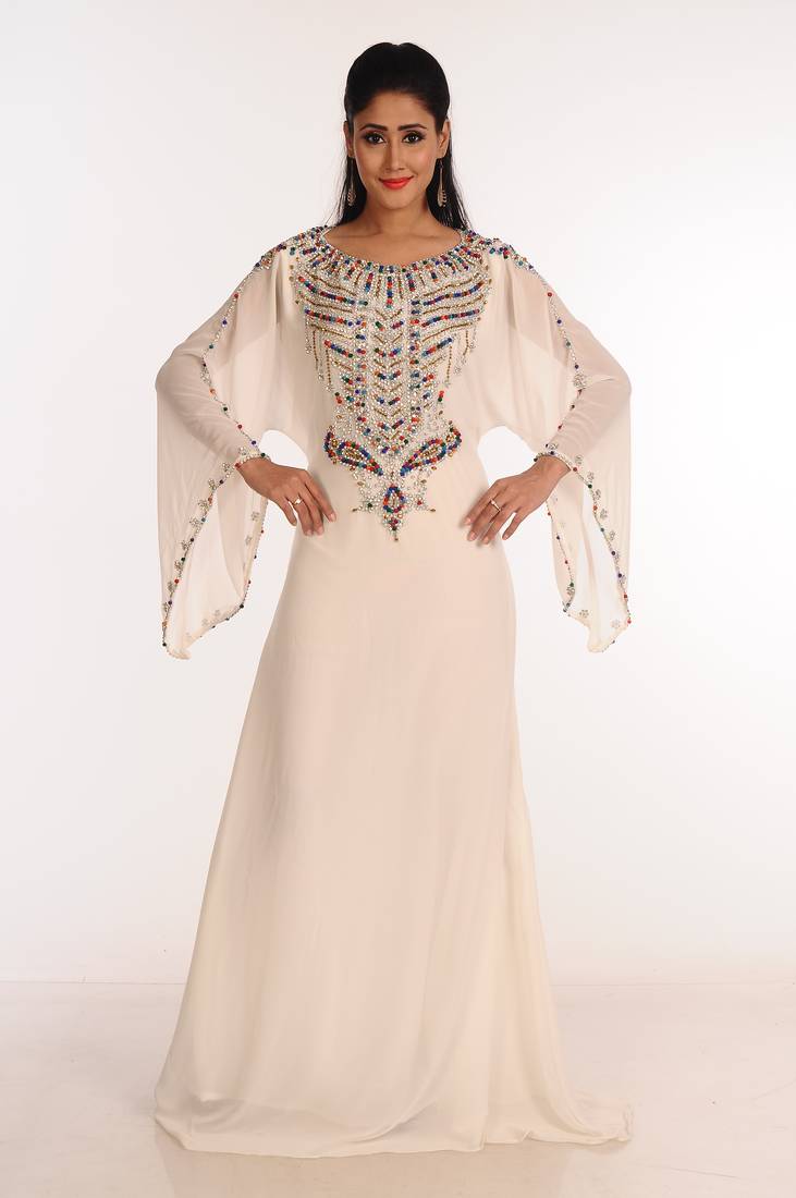 Off White Zari Work Stones & Beads Embellish Georgette  Islamic Style Arabian Maxi Partywear Kaftan