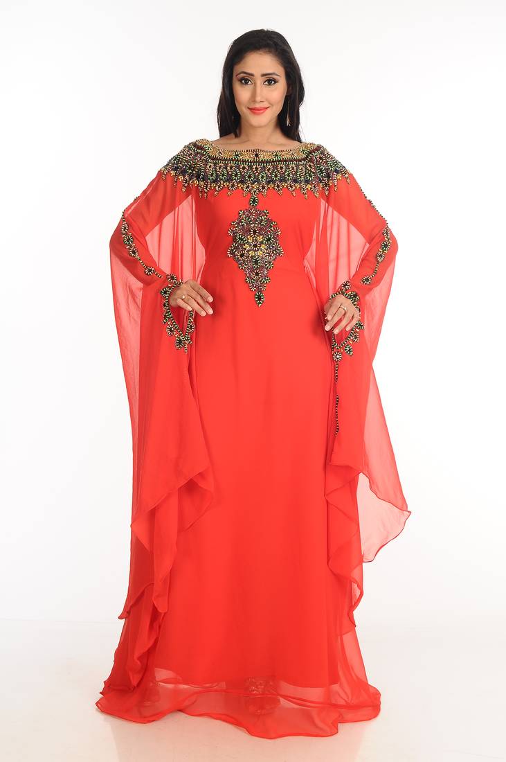 Red Zari Work Stones & Beads Embellish Georgette  Islamic Style Arabian Maxi Partywear Kaftan
