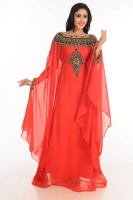 Red Zari Work Stones & Beads Embellish Georgette  Islamic Style Arabian Maxi Partywear Kaftan 4