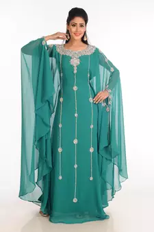 Green  Zari Work Stones & Beads Embellish Georgette  Islamic Style Arabian Maxi Partywear Kaftan