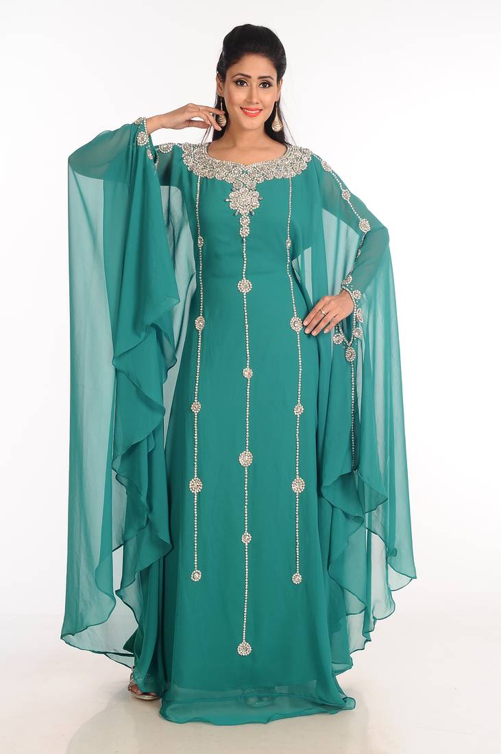 Green  Zari Work Stones & Beads Embellish Georgette  Islamic Style Arabian Maxi Partywear Kaftan