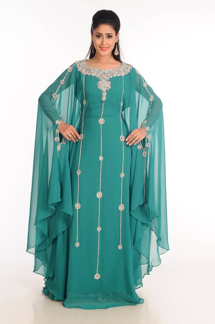 Green  Zari Work Stones & Beads Embellish Georgette  Islamic Style Arabian Maxi Partywear Kaftan