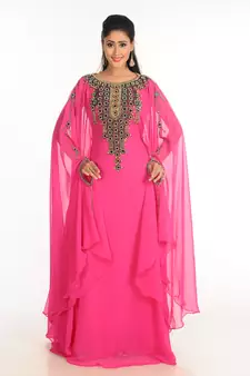 Pink Zari Work Stones & Beads Embellish Georgette  Islamic Style Arabian Maxi Partywear Kaftan