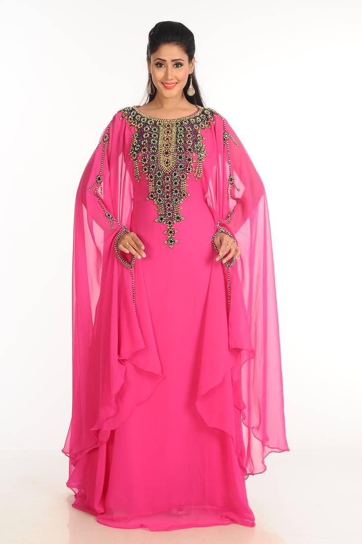 Pink Zari Work Stones & Beads Embellish Georgette  Islamic Style Arabian Maxi Partywear Kaftan