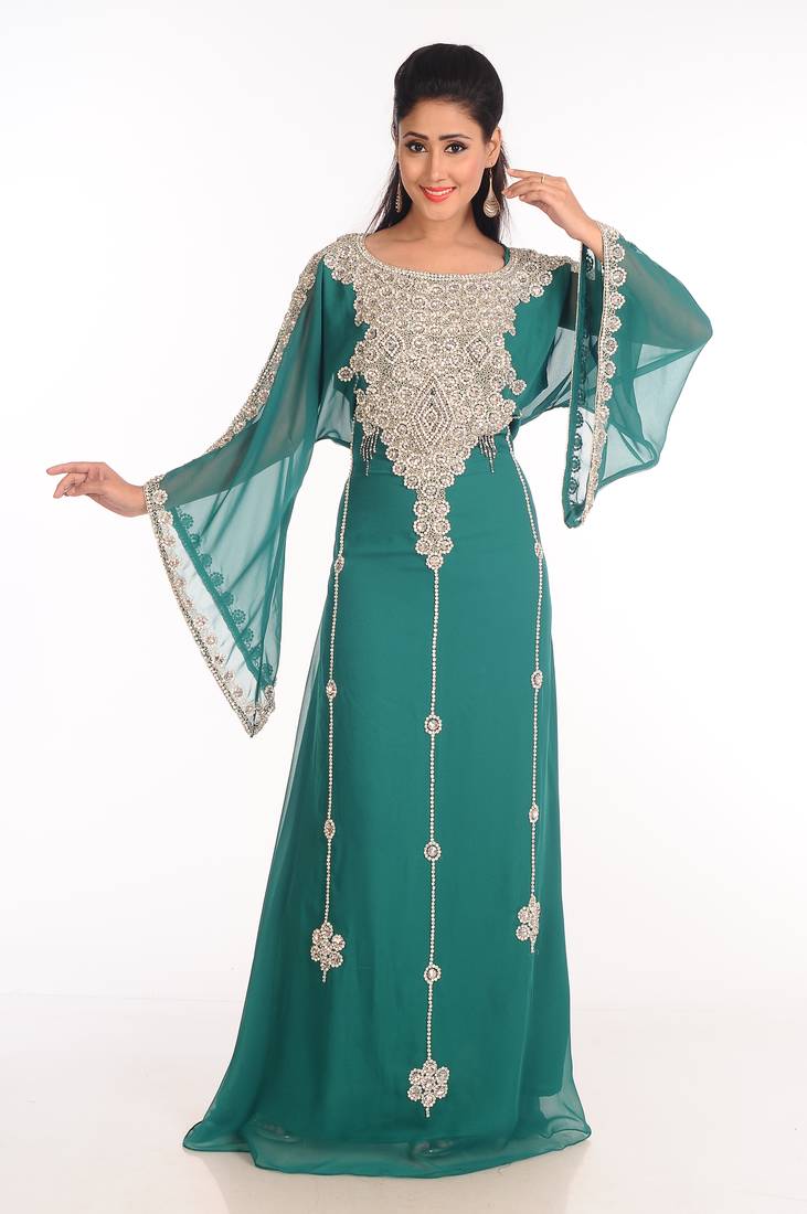 Green Zari Work Stones & Beads Embellish Georgette  Islamic Style Arabian Maxi Partywear Kaftan