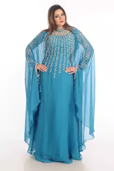 Turqoise Zari Work Georgette Islamic Style Party Wear Stones And Beads Embedded Arabian Kaftan