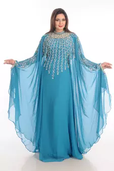 Turqoise Zari Work Georgette Islamic Style Party Wear Stones And Beads Embedded Arabian Kaftan