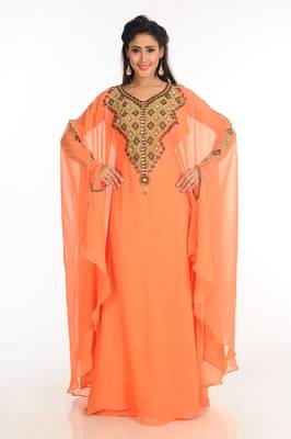 Peach Zari Work Stones & Beads Embellish Georgette  Islamic Style Arabian Maxi Partywear Kaftan 2