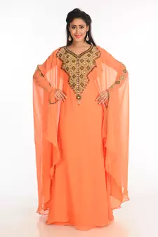 Peach Zari Work Stones & Beads Embellish Georgette  Islamic Style Arabian Maxi Partywear Kaftan