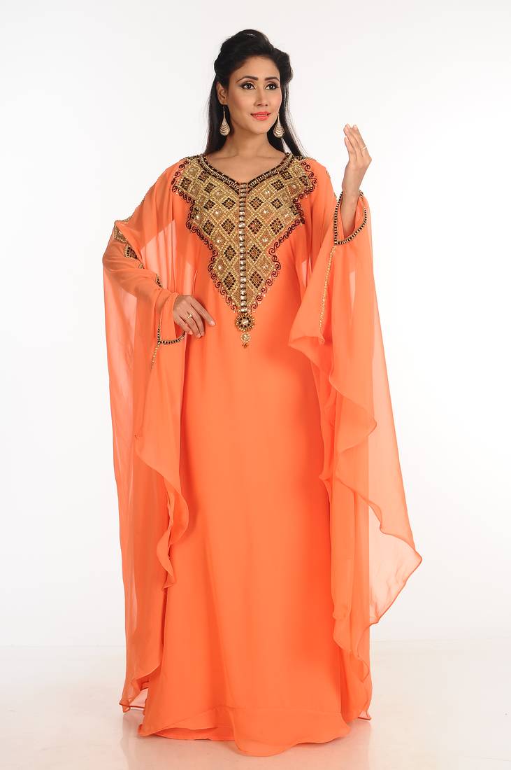 Peach Zari Work Stones & Beads Embellish Georgette  Islamic Style Arabian Maxi Partywear Kaftan