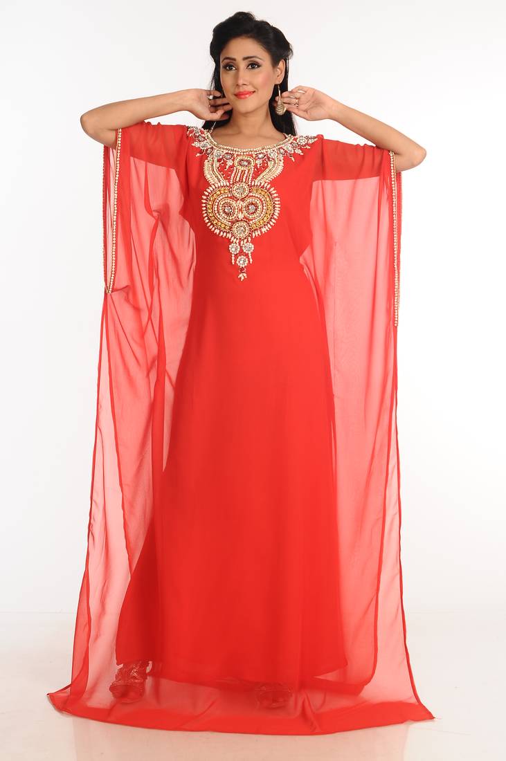 Red Zari Work Stones & Beads Embellish Georgette  Islamic Style Arabian Maxi Partywear Kaftan