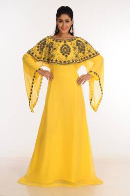 Yellow Zari Work Stones & Beads Embellish Georgette  Islamic Style Arabian Maxi Partywear Kaftan 2