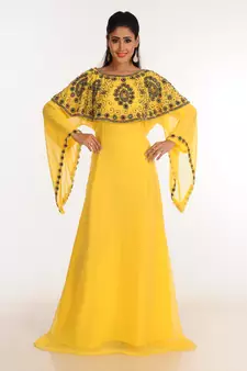 Yellow Zari Work Stones & Beads Embellish Georgette  Islamic Style Arabian Maxi Partywear Kaftan