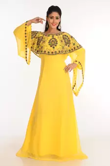 Yellow Zari Work Stones & Beads Embellish Georgette  Islamic Style Arabian Maxi Partywear Kaftan
