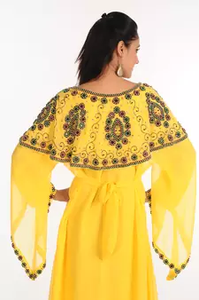 Yellow Zari Work Stones & Beads Embellish Georgette  Islamic Style Arabian Maxi Partywear Kaftan