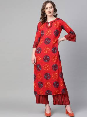 Keyhole Neck with frill Red Color long length women Kurta palazzo set 1