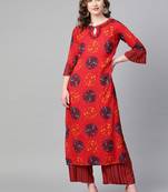 Keyhole Neck with frill Red Color long length women Kurta palazzo set