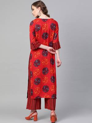 Keyhole Neck with frill Red Color long length women Kurta palazzo set 2