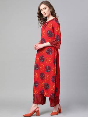 Keyhole Neck with frill Red Color long length women Kurta palazzo set 3