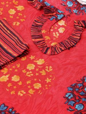 Keyhole Neck with frill Red Color long length women Kurta palazzo set 4