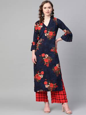Navy Blue Color Floral red color Printed V Neck women Kurta palazzo set 1