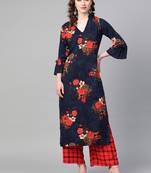 Navy Blue Color Floral red color Printed V Neck women Kurta palazzo set