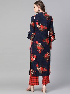 Navy Blue Color Floral red color Printed V Neck women Kurta palazzo set 2
