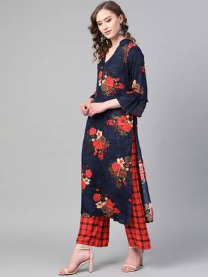 Navy Blue Color Floral red color Printed V Neck women Kurta palazzo set 3