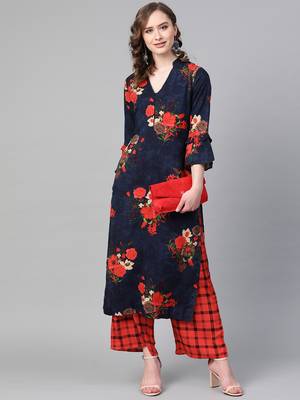 Navy Blue Color Floral red color Printed V Neck women Kurta palazzo set 4