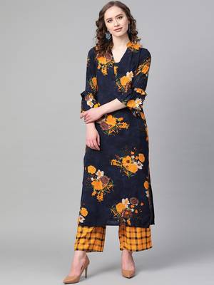 Navy Blue Color Floral Yellow color Printed V Neck women Kurta palazzo set 1