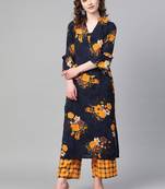 Navy Blue Color Floral Yellow color Printed V Neck women Kurta palazzo set