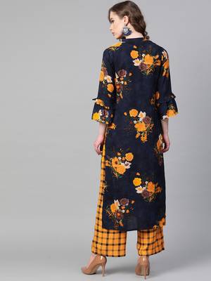 Navy Blue Color Floral Yellow color Printed V Neck women Kurta palazzo set 2