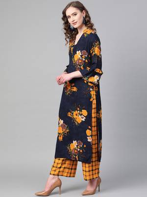 Navy Blue Color Floral Yellow color Printed V Neck women Kurta palazzo set 3